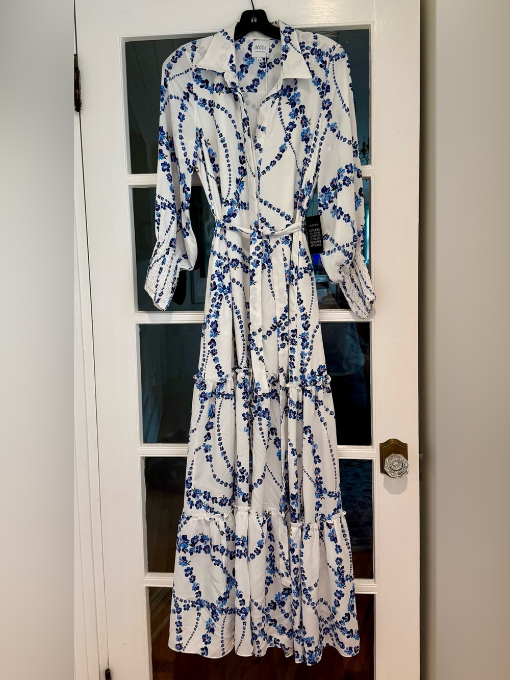 Misa Los Angeles White Maxi Shirt Dress with Blue Floral Vine Print